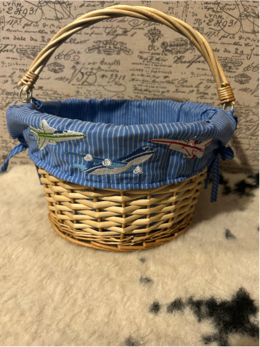 Unbranded Decorative Wicker Basket with Airplane Print, One Size, Blue/Beige